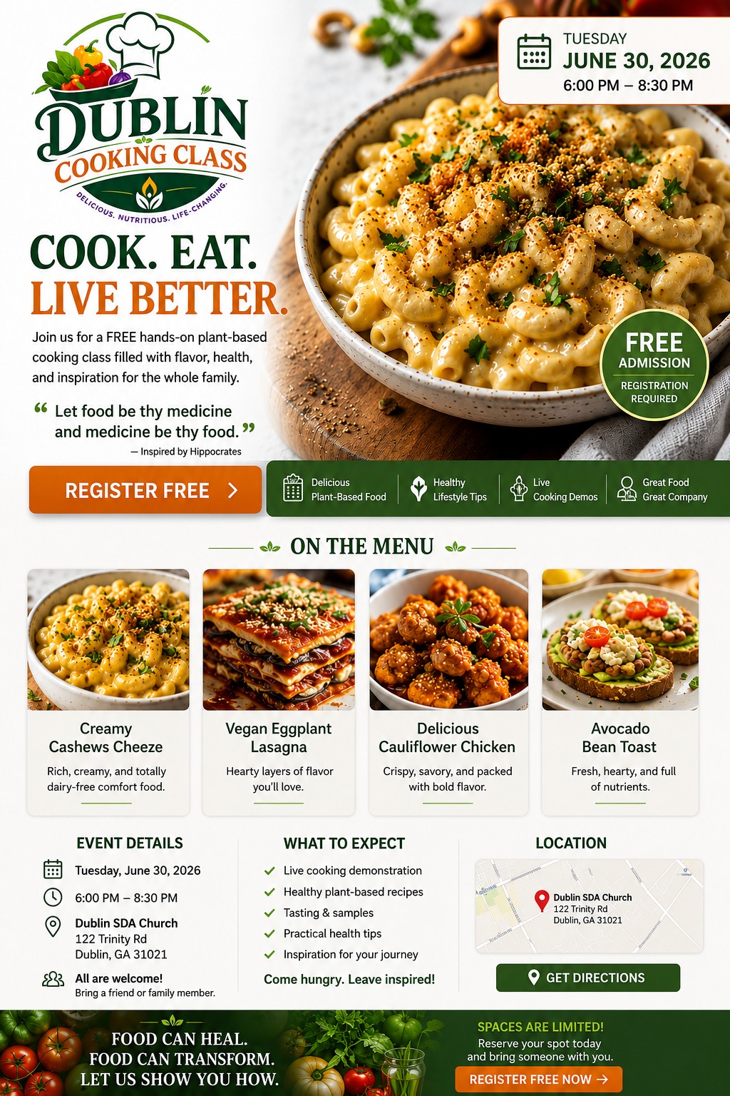 Dublin Cooking Class event flyer with food photos and registration details